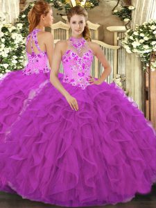 Halter Top Sleeveless Organza Quinceanera Gown Beading and Embroidery and Ruffles Lace Up