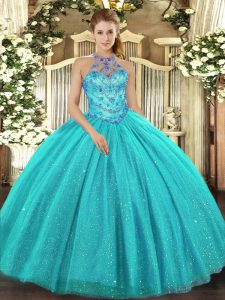 Sleeveless Tulle Floor Length Lace Up Quinceanera Dresses in Aqua Blue with Beading and Embroidery
