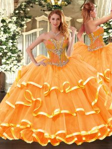 Sleeveless Floor Length Beading and Ruffled Layers Lace Up Sweet 16 Dress with Orange