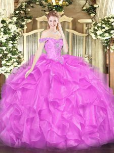 Lilac Ball Gowns Off The Shoulder Sleeveless Organza Floor Length Lace Up Beading and Ruffles 15 Quinceanera Dress