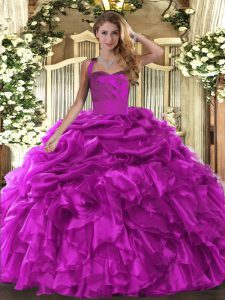 Custom Designed Fuchsia Organza Lace Up Halter Top Sleeveless Floor Length Ball Gown Prom Dress Ruffles and Pick Ups
