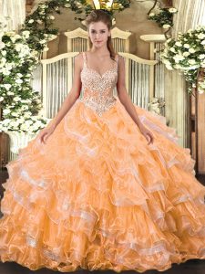Orange Straps Lace Up Beading and Ruffled Layers Quince Ball Gowns Sleeveless