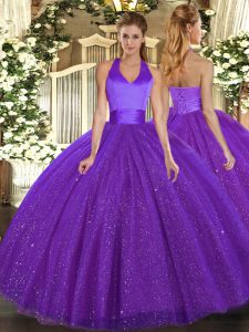 Low Price Purple Lace Up Halter Top Sequins Quinceanera Gowns Tulle Sleeveless