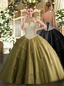 Sleeveless Floor Length Beading and Appliques Lace Up 15th Birthday Dress with Brown