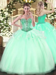 Popular Apple Green Ball Gowns Organza Sweetheart Sleeveless Beading Floor Length Lace Up 15th Birthday Dress