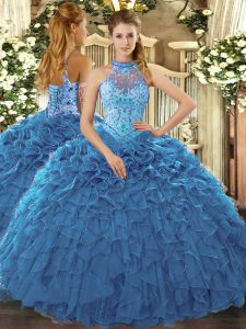 Glittering Halter Top Sleeveless Organza 15 Quinceanera Dress Beading and Ruffles Lace Up