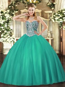 Popular Floor Length Ball Gowns Sleeveless Turquoise Quinceanera Dresses Lace Up