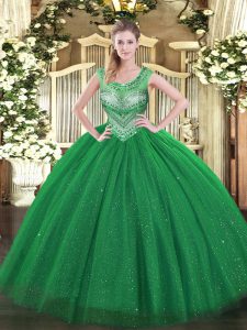 Romantic Scoop Sleeveless Quince Ball Gowns Floor Length Beading and Sequins Dark Green Tulle