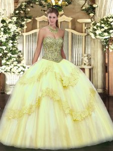 Exceptional Light Yellow Sleeveless Beading and Appliques Floor Length Ball Gown Prom Dress