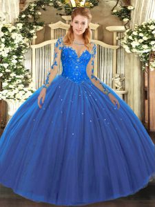 Clearance Long Sleeves Floor Length Lace Lace Up Ball Gown Prom Dress with Blue