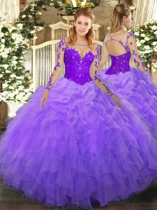 Luxury Floor Length Lavender Sweet 16 Dresses Organza Long Sleeves Lace and Ruffles