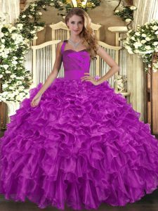 Perfect Sleeveless Organza Floor Length Lace Up 15th Birthday Dress in Fuchsia with Ruffles