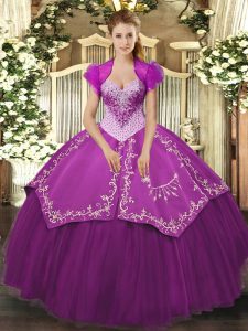 Great Purple Ball Gowns Sweetheart Sleeveless Satin and Tulle Floor Length Lace Up Beading and Embroidery Sweet 16 Dresses