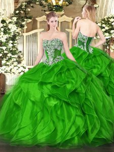 Stylish Sleeveless Organza Floor Length Lace Up Quince Ball Gowns in with Beading and Ruffles