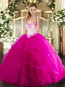 Luxury Fuchsia Sleeveless Tulle Lace Up Sweet 16 Dresses for Military Ball and Sweet 16 and Quinceanera