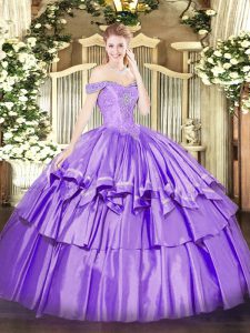 Best Selling Lavender Lace Up Off The Shoulder Beading and Ruffled Layers Quinceanera Gowns Organza and Taffeta Sleeveless