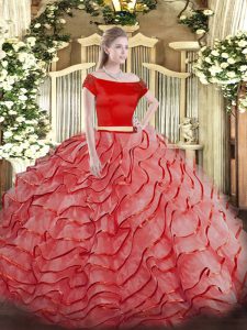 Shining Coral Red Off The Shoulder Neckline Ruffled Layers Ball Gown Prom Dress Short Sleeves Zipper