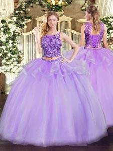 Deluxe Lavender Organza Lace Up Scoop Sleeveless Floor Length Sweet 16 Dresses Beading