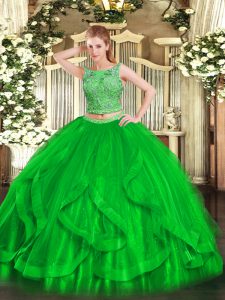 Cute Green Two Pieces Organza Scoop Sleeveless Beading and Ruffles Floor Length Lace Up Quinceanera Dress