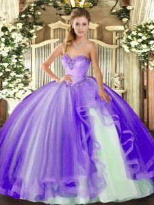Sweetheart Sleeveless Quinceanera Dress Floor Length Beading and Ruffles Lavender Tulle