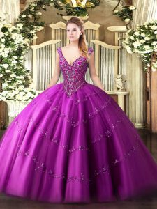 Low Price Fuchsia V-neck Neckline Beading and Appliques Ball Gown Prom Dress Sleeveless Lace Up