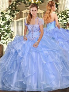 Suitable Sleeveless Organza Floor Length Lace Up Quinceanera Gowns in Light Blue with Appliques and Ruffles