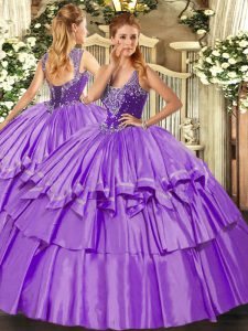 Beading and Ruffled Layers Quince Ball Gowns Lavender Lace Up Sleeveless Floor Length