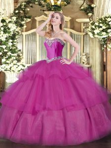 Unique Fuchsia Lace Up 15 Quinceanera Dress Beading and Ruffled Layers Sleeveless Floor Length