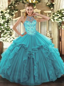 Cute Teal Lace Up Halter Top Beading and Embroidery and Ruffles Sweet 16 Dresses Organza Sleeveless