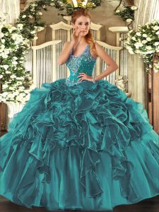 Best Selling Teal Mermaid Straps Sleeveless Organza Floor Length Lace Up Beading and Ruffles Sweet 16 Dress