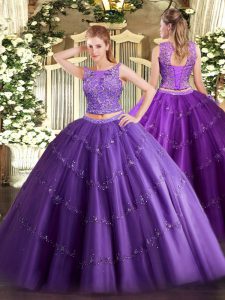 Pretty Beading and Appliques Sweet 16 Quinceanera Dress Purple Lace Up Sleeveless Floor Length