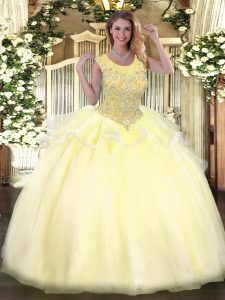 Sexy Light Yellow Sleeveless Organza Zipper Quinceanera Dress for Military Ball and Sweet 16 and Quinceanera