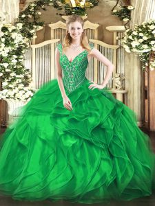 Customized Green Ball Gowns V-neck Sleeveless Organza Floor Length Lace Up Beading and Ruffles Sweet 16 Dresses