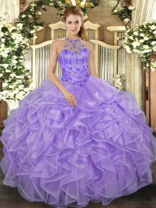 Halter Top Sleeveless 15 Quinceanera Dress Floor Length Beading and Ruffles Lavender Organza