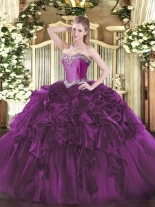 Great Purple Lace Up Sweetheart Beading and Ruffles 15 Quinceanera Dress Organza Sleeveless