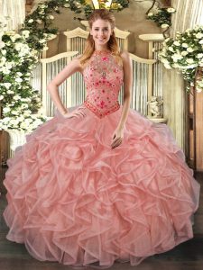 Comfortable Peach Ball Gowns Organza Halter Top Sleeveless Beading and Embroidery and Ruffles Floor Length Lace Up Ball Gown Prom Dress
