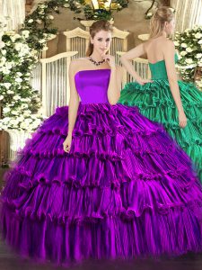 Sleeveless Organza Floor Length Zipper Quinceanera Dress in Purple with Ruffled Layers