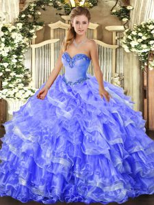 Blue Organza Lace Up Sweetheart Sleeveless Floor Length Sweet 16 Quinceanera Dress Beading and Ruffled Layers