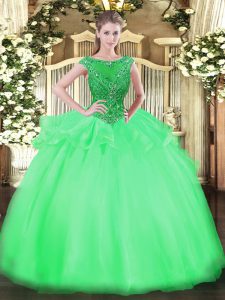 Hot Selling Green Organza Zipper Quince Ball Gowns Cap Sleeves Floor Length Beading