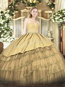 Gold Ball Gowns Sweetheart Sleeveless Organza and Taffeta Floor Length Zipper Beading and Lace and Embroidery and Ruffled Layers Sweet 16 Quinceanera Dress