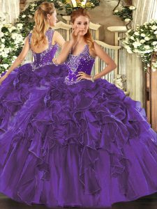 Purple Quinceanera Dress Military Ball and Sweet 16 and Quinceanera with Beading and Ruffles Straps Sleeveless Lace Up