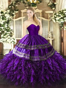 Organza and Taffeta Sweetheart Sleeveless Zipper Embroidery and Ruffles Quinceanera Dresses in Purple