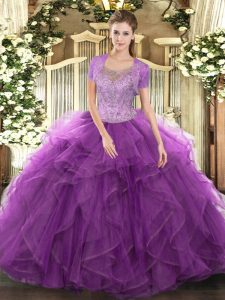 Hot Sale Eggplant Purple Tulle Clasp Handle Scoop Sleeveless Floor Length Quinceanera Gown Beading and Ruffled Layers