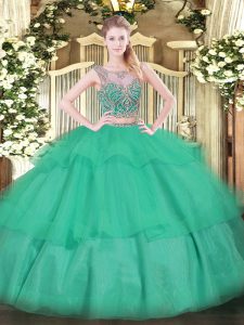 Turquoise Scoop Neckline Beading and Ruffled Layers 15th Birthday Dress Sleeveless Lace Up