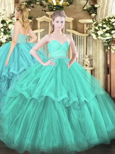 Superior Sleeveless Tulle Brush Train Zipper 15th Birthday Dress in Aqua Blue with Beading and Lace and Ruffled Layers