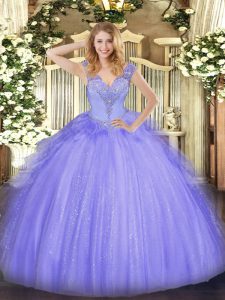 Lavender Ball Gowns V-neck Sleeveless Tulle Floor Length Lace Up Beading Quinceanera Gowns