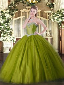 Superior Beading Quinceanera Gown Olive Green Lace Up Sleeveless Floor Length