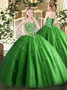 Great Sleeveless Floor Length Beading and Appliques Lace Up Sweet 16 Quinceanera Dress with Green