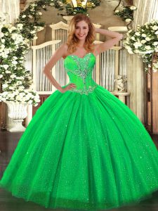 Beauteous Green Lace Up Sweetheart Beading 15th Birthday Dress Tulle and Sequined Sleeveless