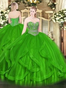 Suitable Beading and Ruffles Vestidos de Quinceanera Green Lace Up Sleeveless Floor Length